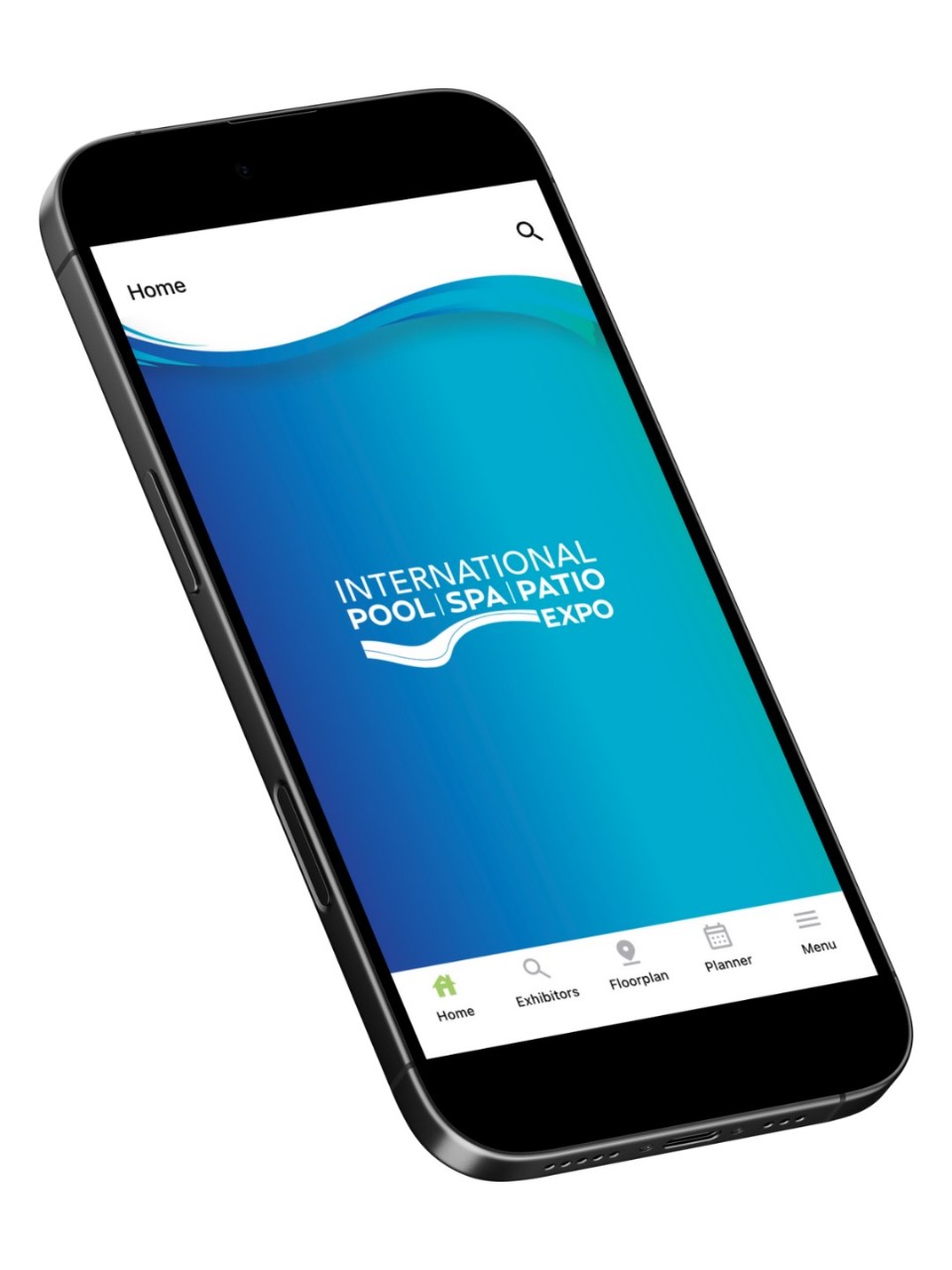 A mockup representing the International Pool Spa Patio Expo app on an iPhone