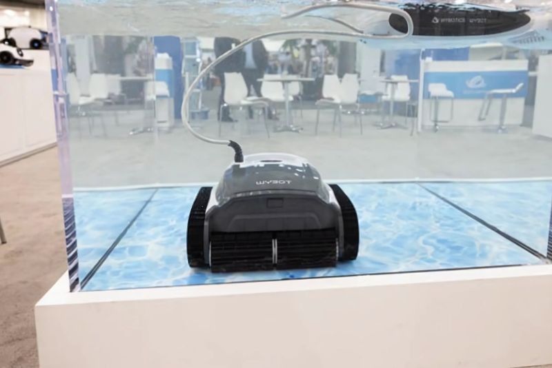 A pool cleaning robot on the PSP Expo exhibit hall floor