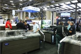 Pool spa patio expo attendees visiting a spa exhibitor's booth