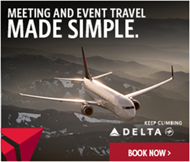 A Delta airlines plane wih the words meeting and event travel made simple